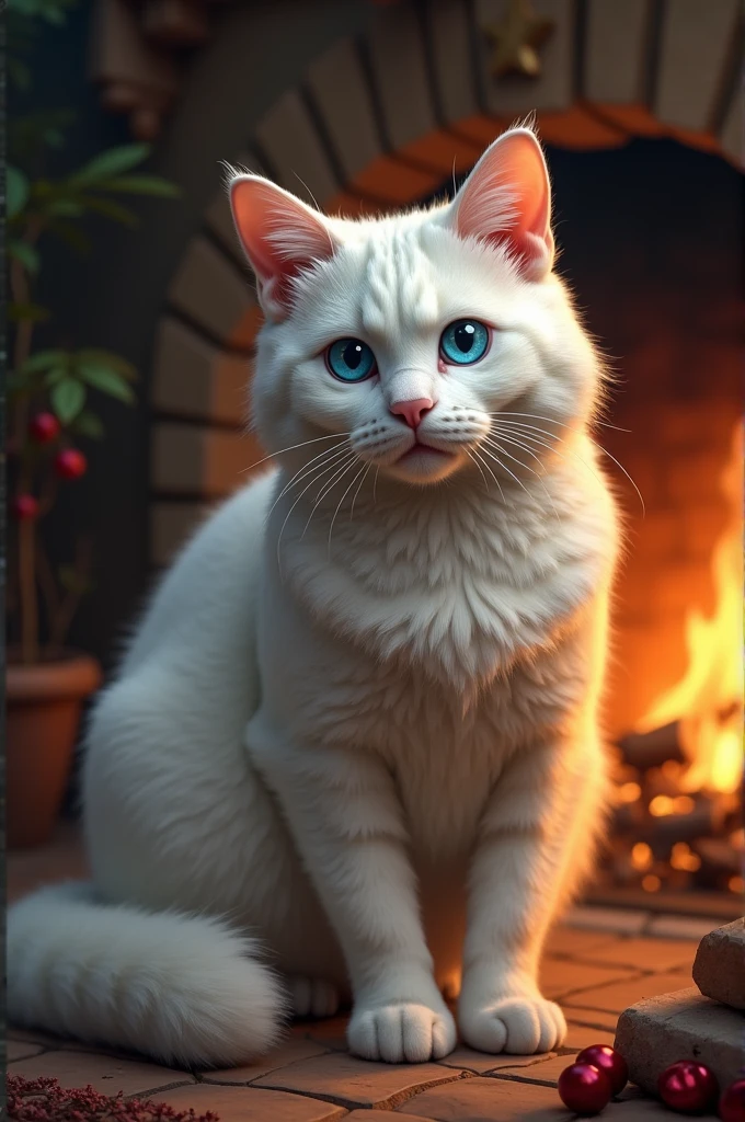 cat white, big fit ass, Scrawny, of the blue eye near the fireplace 