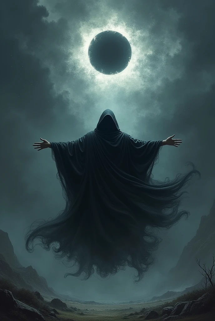 Create the image of a wizard with open arms, with a black cloak, levitating in the skies facing a black eclipse/offwhite, while the skies are dark