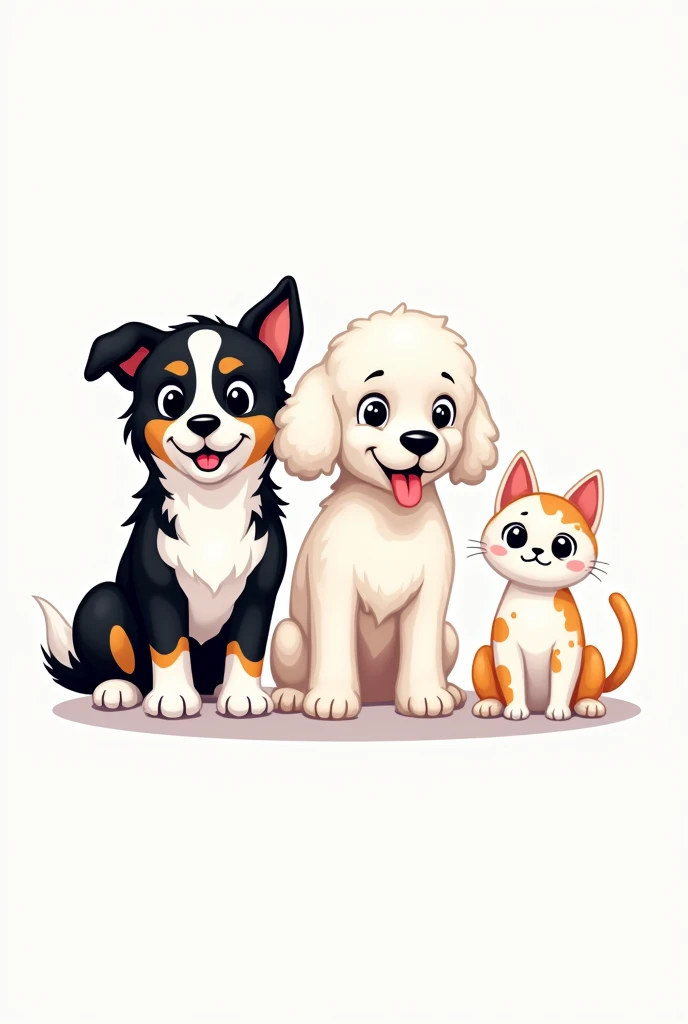 Create a logo featuring a black and white border collie, a white poodle, and a white cat with small orange spots. They should be positioned next to each other, and the logo should include the name "brotherspets". 