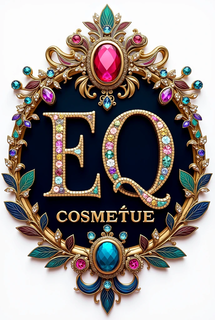 (L’image montre le nom “EQ cosMétique” écrit en grandes lettres majuscules dans un style orné et luxueux. Les lettres sont décorées de diverses pierres précieuses multicolores, donnant un effet mosaïque. Autour du nom, il y a des motifs shop complexes et symétriques, également ornés de bijoux et de perles de différentes couleurs et tailles. Le fond est sombre, ce qui fait ressortir les couleurs vives des pierres et des motifs. L’ensemble de l’image dégage une sensation de richesse, de grandeur et de détail artistique.dans un fond blanc et le nom écrit lisiblement 