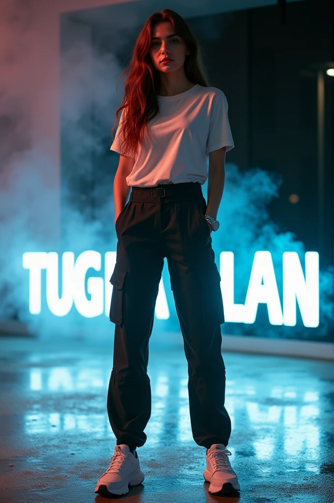 Create a breathtaking, high-quality photo featuring a Turkish girl with long brown hair sitting above your TUGBA. She exudes casual yet chic elegance with a t-shirt top, tactical trousers and white Nike sneakers. The woman stands over the PSD text "
TUGBA KALAN" illuminated by vibrant white and black lights. A subtle smoke effect increases the depth and dimension of the image, creating a unique and fascinating atmosphere.