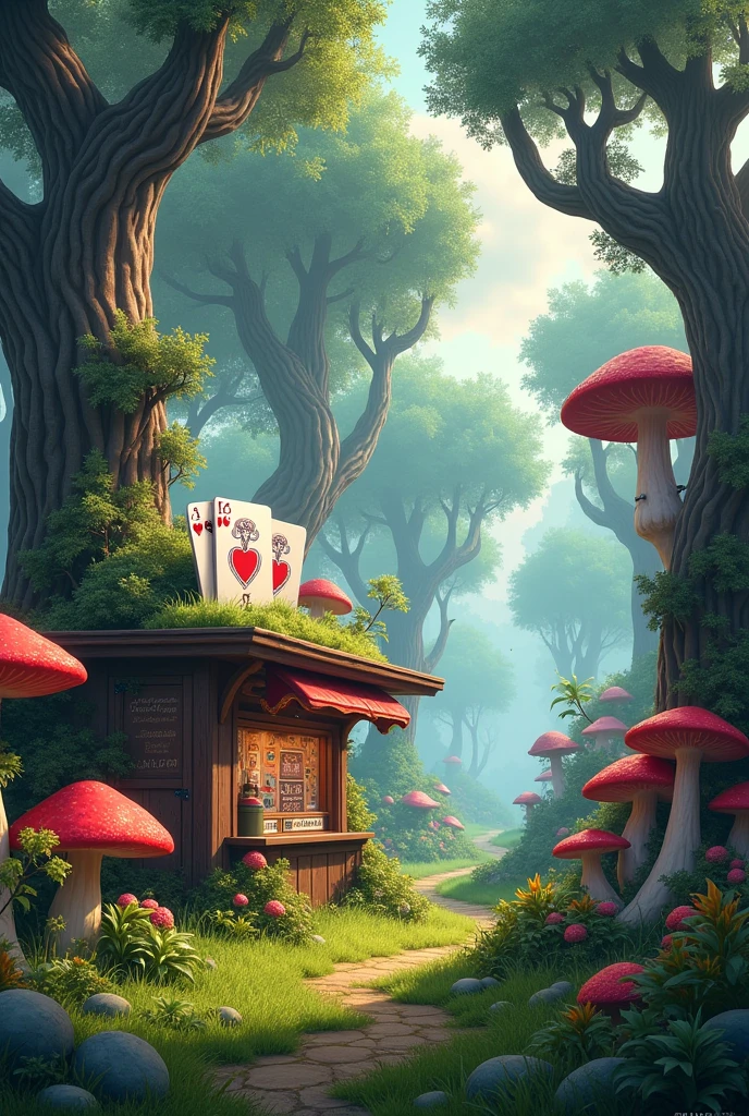 Large trees with large red mushrooms and grass, booth with large cards very lively
