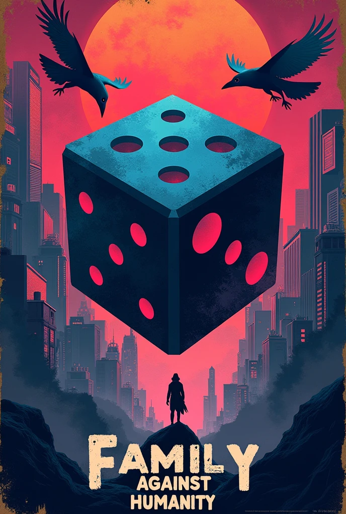 I need a poster with fusion of elements like: 20 sided-dice, city pop japanese style background, with sharks and crows and in the bottom he phrase "Family Against Humanity"
