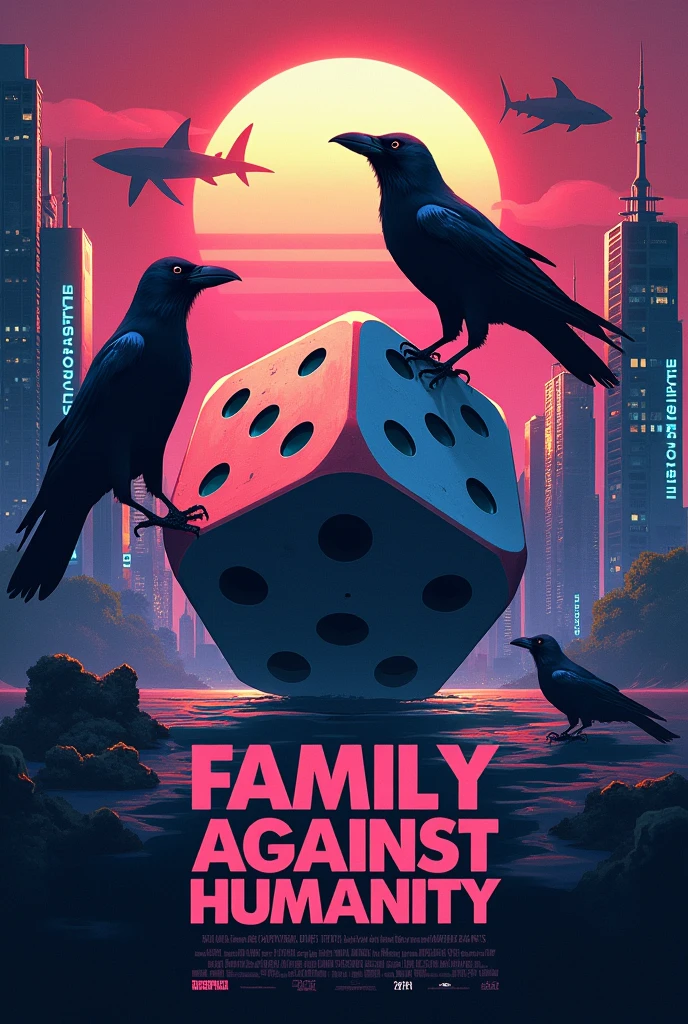 I need a poster with fusion of elements like: 20 sided-dice, city pop japanese style background, with sharks and crows and in the bottom he phrase "Family Against Humanity"