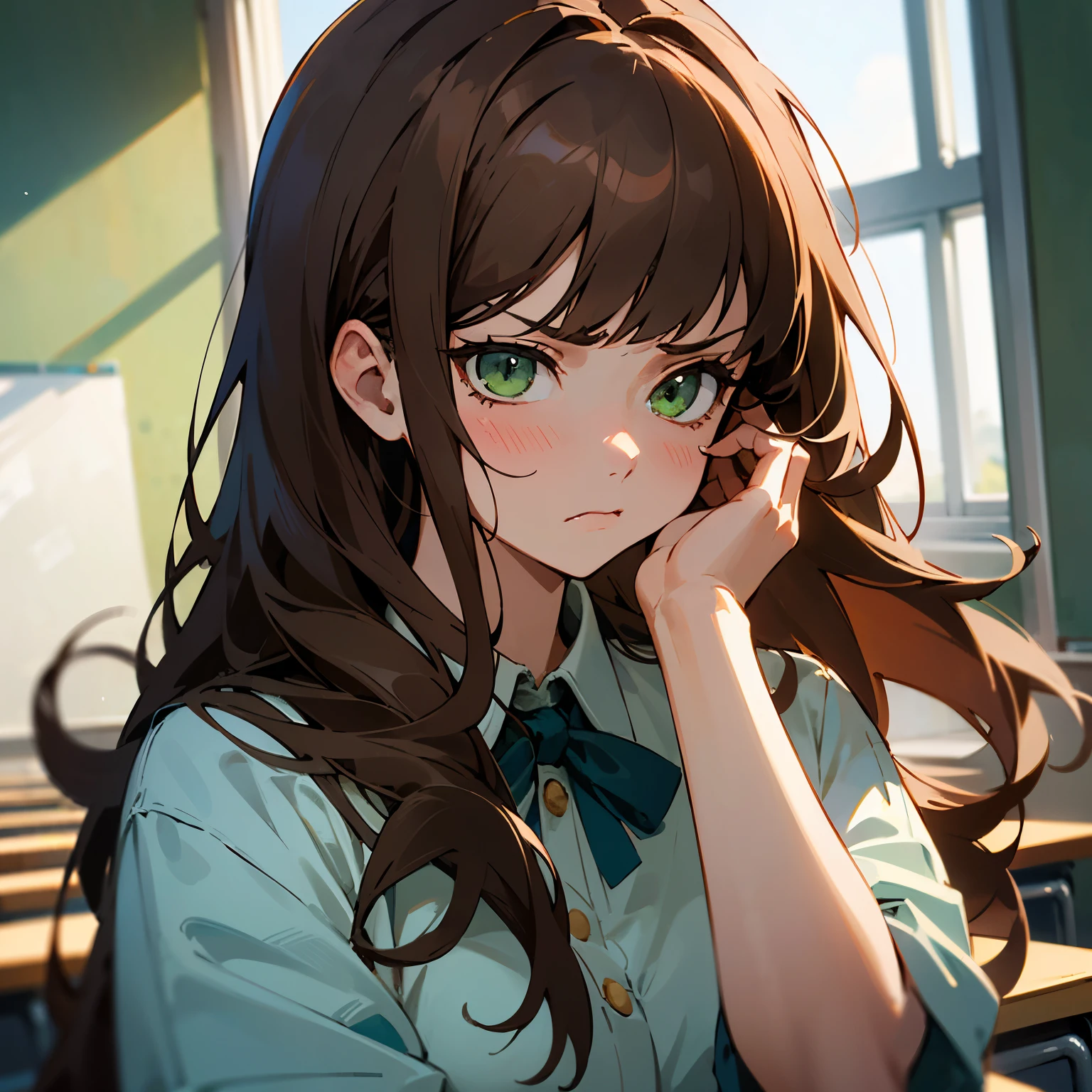 ((best quality)), ((masterpiece)), (detailed), 1girl, stunning, upper body, long hair, brown hair, strands of hair, bangs, green eyes, annoyed expression, classroom background, light from window, hand fixing hair