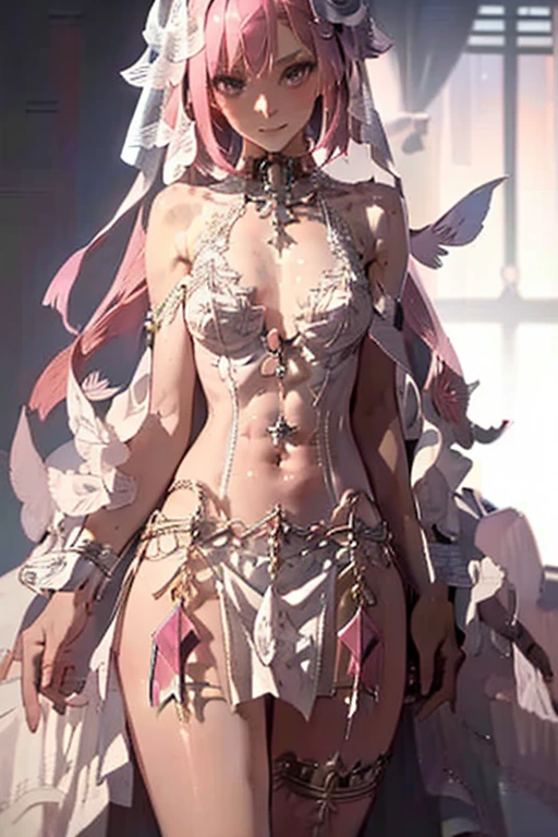 ((masterpiece)), ((best quality)), (detailed), astolfo, Beautiful, Beautifu and slim perfect body, slim body, really female, slim female body, female, flat chest, Pectorals, not breasts, very innocent smile, innocent smile, femboy, boy, bright pink hair, spiky hair, short hair, a long braid, lock of white hair on left side, perfect, solo, gorgeous femenine person, wedding dress, mini dress, dress without shoulder, wedding mini dress without shoulder, bridal veil on the head, small bulge, luscious lips, long hair, flat chest, Pectorals, not breasts, sexy,