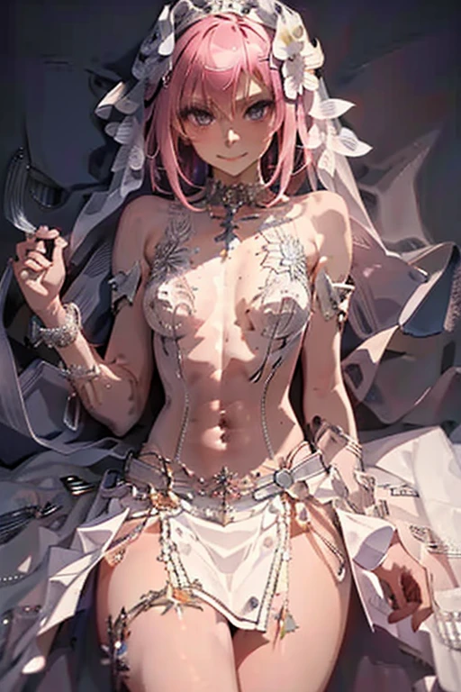 ((masterpiece)), ((best quality)), (detailed), astolfo, Beautiful, Beautifu and slim perfect body, slim body, really female, slim female body, female, flat chest, Pectorals, not breasts, very innocent smile, innocent smile, femboy, boy, bright pink hair, spiky hair, short hair, a long braid, lock of white hair on left side, perfect, solo, gorgeous femenine person, wedding dress, mini dress, dress without shoulder, wedding mini dress without shoulder, bridal veil on the head, small bulge, luscious lips, long hair, flat chest, Pectorals, not breasts, sexy,