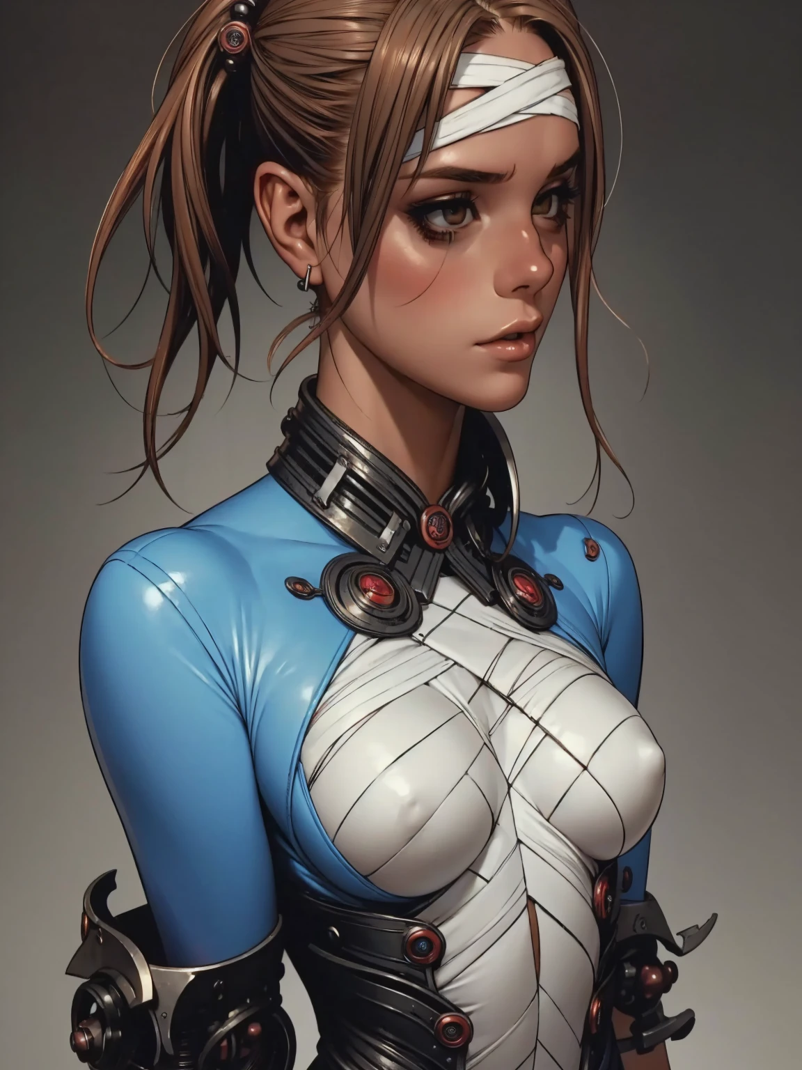 (((short arms))), ((( zombie girl ))), (((bandaged arms))), ((high collar)), (((fully body))), (((best qualityer: 1.4))), (Unbeatable masterpiece), (hiper HD),(CG 8k hyper-realistic), (((brave face))), (((breasts big))), (((hyper feminine))), sexy girl, zombie girl with blue skin, scars and stitches on the skin of the neck, arms and legs,（punk messy hair)), ((( sculptural body ))), (((1 girl))), 18 year old zombie girl with perfect body,,Beautiful and well-groomed face,muscular body:1.2,solid color detailed jacket, (Head to thigh photos)