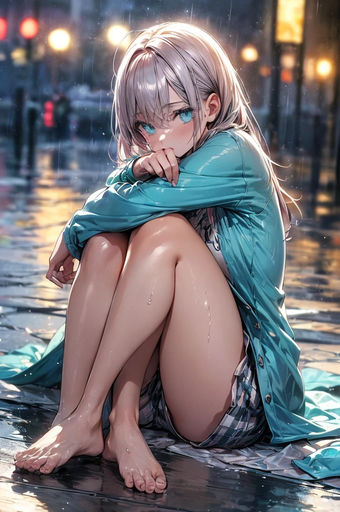 (amazing detail, amazing eyes masterpiece, best quality:2.0, depth of field hdr 8k 4k wallpaper cinematic angle, cinematic lighting:1.5), (master quality, amazing detail, amazing eyes), ((detailed deep purple eyes)), 1girl, nighttime, pouring rain, wet ground, naked except for her teal pyjama top, detailed purple eyes, caramel-blonde hair, she is sitting on the ground with her bum on the wet floor while hugging her own legs for warmth. She is visibly depressed and pale with illness. The only source of light is the dull amber glow of a modern street light, her clothing sticks to her skin, the light does not reflect off her clothing, and her pyjama top is made of linen or flannel material, teal-coloured pyjama top, short pyjama top, 