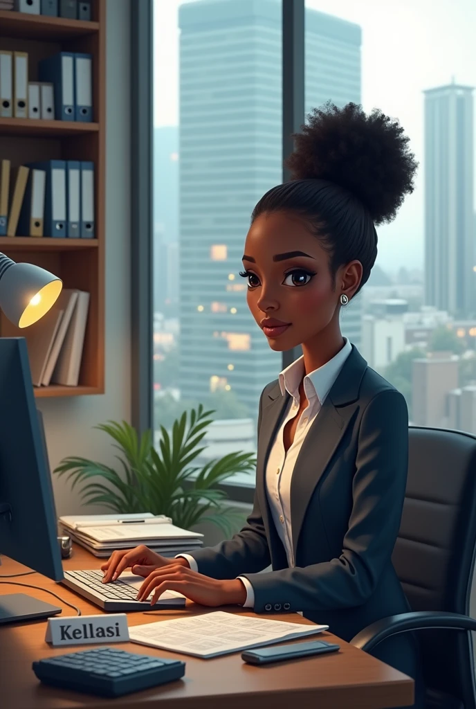 Une comptable Africaine dans son bureau et derrière un écran avec le mot Kelasi
