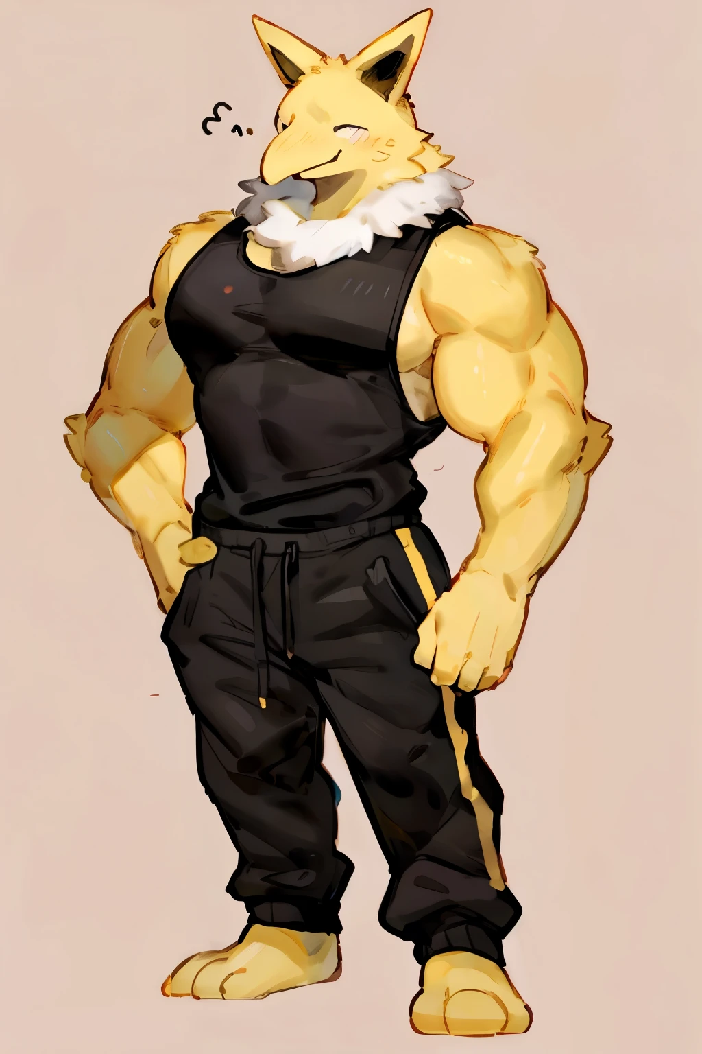 Furry, Anthro, solo, Hypno, Male, (((muscular body, massive male pectorals, yellow-gold skin, fluffy neck, wearing white fur around neck))), ((((massive biceps, wide-eyed, head tilted, jojo pose)))), ((((((massive bulky torso, happy, wearing black full male tanktop, wearing black sweatpants)))))), upper body, black/yellow spraypainted background, by buta99, by zackary911, by bebebebebe, (((digital painting)))