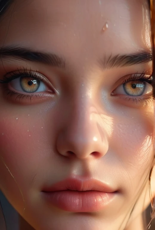 Close-up shot of a beautiful young woman's face, With soft tears streaming down her cheeks. Her eyes should be filled with deep emotion, Gleaming with unshed tears. Her skin should be smooth and radiant, With detailed textures adding realism. Realistic skin texture detail. The lighting should be soft and warm, A gentle glow highlighting her delicate features and tears. The background should be gently blurred, Focus entirely on her expressive face. Include small details like stray strands of hair gently framing her face, adding to the overall beauty and emotion of the scene.,(Masterpiece:1.3),(Highest quality:1.4),(very detailed:1.5),high resolution,very detailed,Harmony wallpaper 8K,