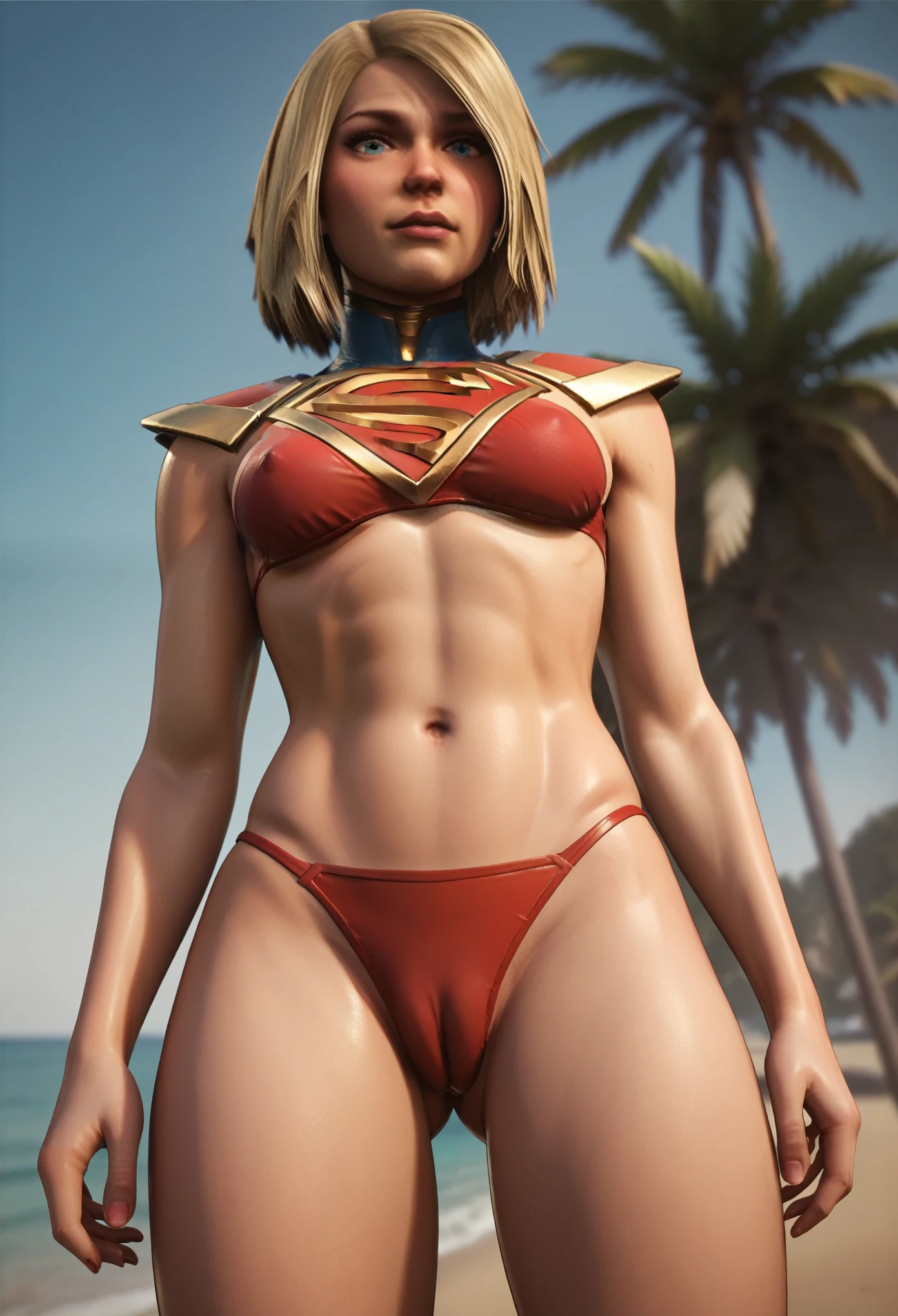 NSFW (red bikini) (Supergirl ((human)) medium breasts, cameltoe) fully body, on a deserted beach