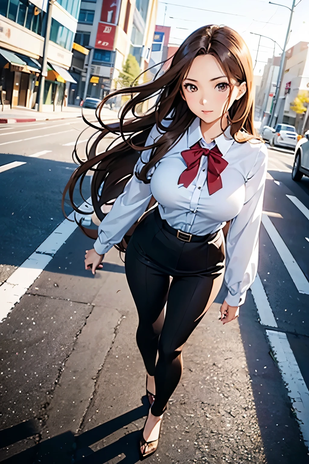 OL uniform adult woman Beautiful woman well-defined face married gravure idol face almond-shaped eyes arched eyebrows beautiful stunning beauty long brown hair hair flowing in the wind blown by the wind walking briskly through the office district full body style 2.5D anime style beautiful Japanese woman narrow eyes looking at the viewer walking office street accurate expression correct expression
