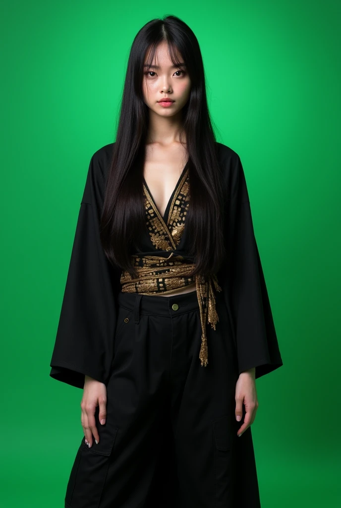 beautiful human woman in a photo studio (with a background of "Green screen") her skin is white, long straight black hair, golden colored eyes (contact lenses),wearing a long black kimono with gold details, black cargo pants, dressed, She is not naked, she is dressed