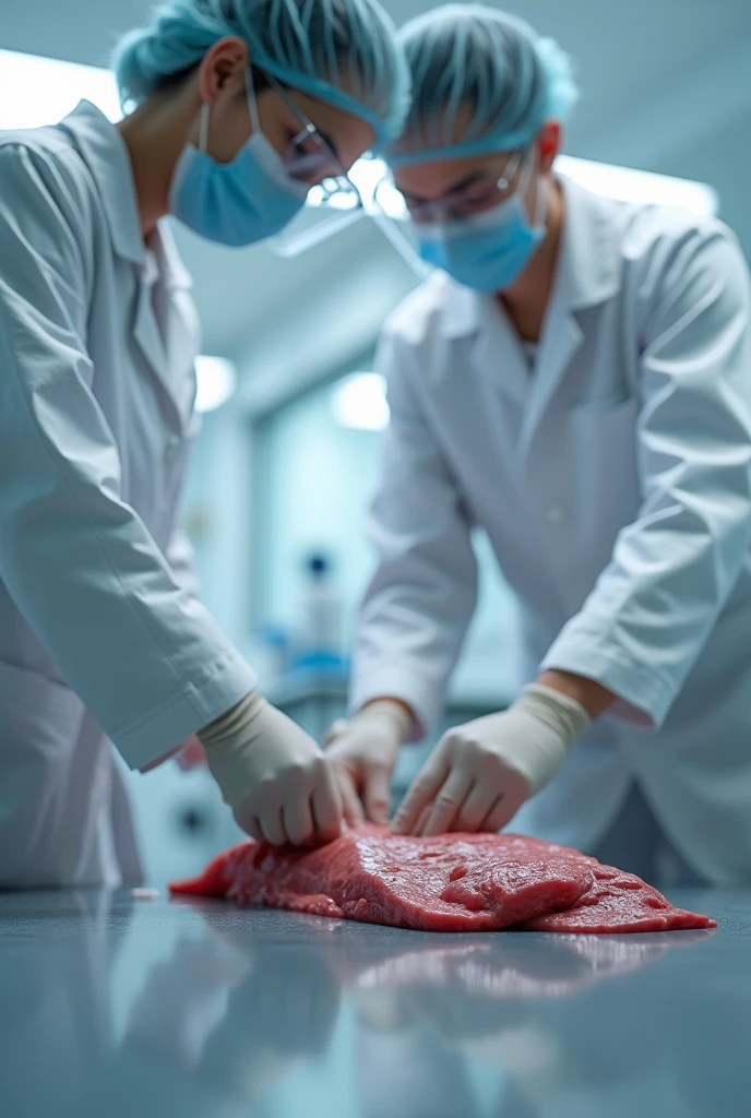 Laboratory personnel picking up a piece of meat from the floor with gloves and a face mask on.