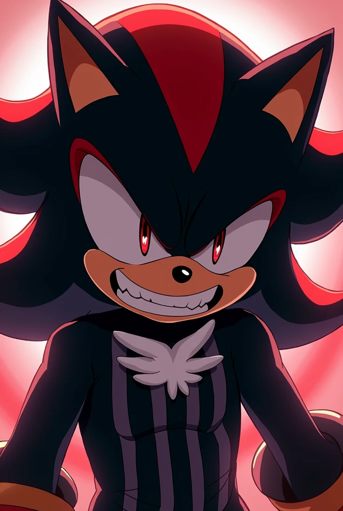 shadow the hedgehog with an evil face wearing a shirt with vertical black and white stripes in the Japanese anime style 