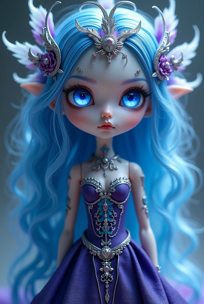 I want to create a beautiful doll with blue hair with very dark purple, with bright white eyes, a beautiful look, body and divide into separate body parts as if it were a goddess.