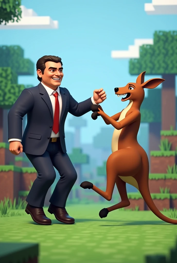 Bolsonaro dancing with a kangaroo in the Minecraft world