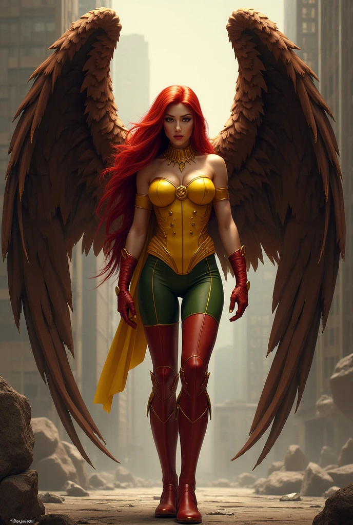The Thanagarian warrior Chay-Ara, alias Hawkgirl, original costume of the Hawk Girl yellow corset with red and green leggings, red boots, large brown wings, long red hair, Justice League, DC Comics.