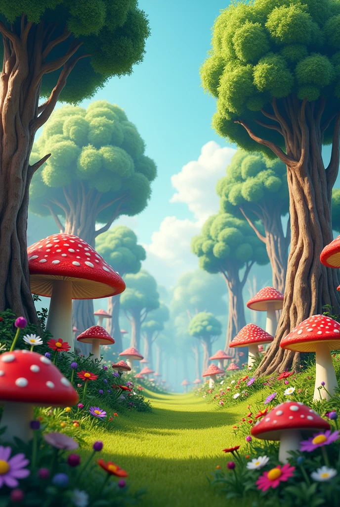 Large trees with large red mushrooms and grass, A very lively place with large cards, just that, with large flowers 
