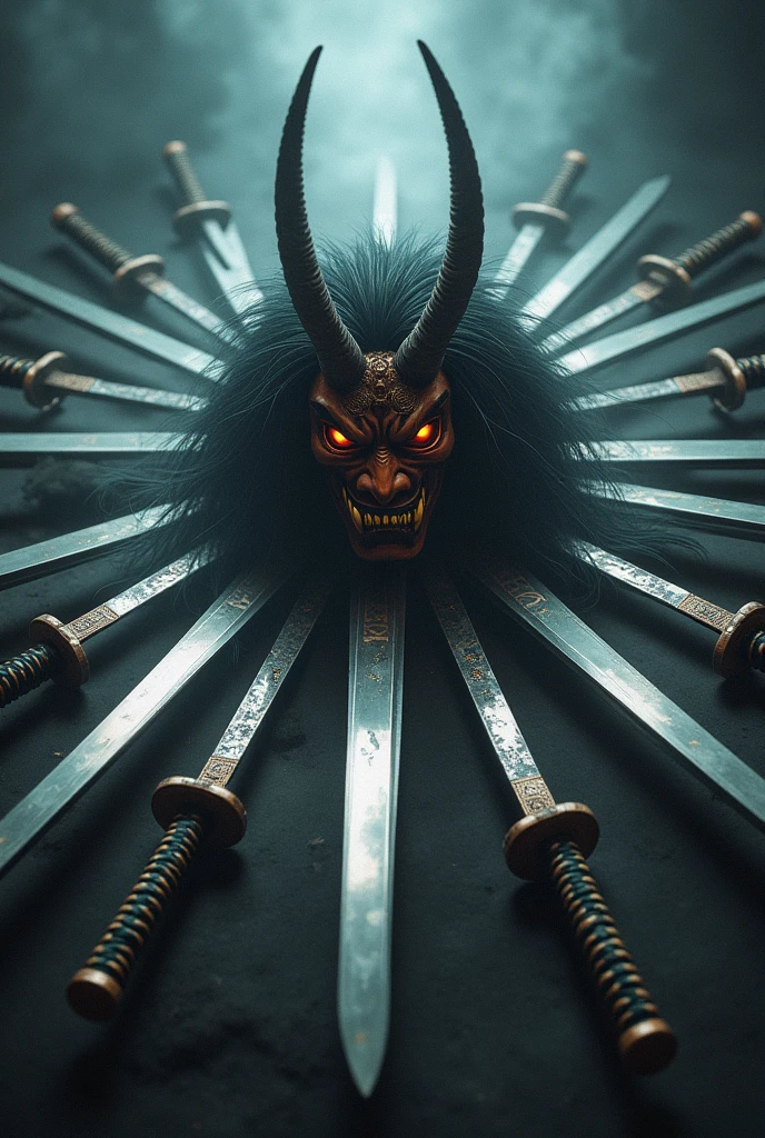 Circle of swords with an oni mask at its center 