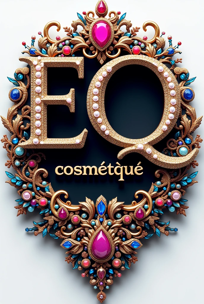 (L’image montre le nom “EQ cosMétique” écrit en grandes lettres majuscules dans un style orné et luxueux. Les lettres sont décorées de diverses pierres précieuses multicolores, donnant un effet mosaïque. Autour du nom, il y a des motifs shop complexes et symétriques, également ornés de bijoux et de perles de différentes couleurs et tailles. Le fond est sombre, ce qui fait ressortir les couleurs vives des pierres et des motifs. L’ensemble de l’image dégage une sensation de richesse, de grandeur et de détail artistique.dans un fond blanc et le nom écrit lisiblement