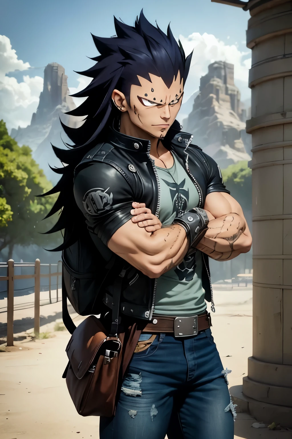 Gajeel Fairy Tail, Gajeel, strong, jeans, backpack, arms crossed, modern clothes, leather jacket, rocker style, tshirt