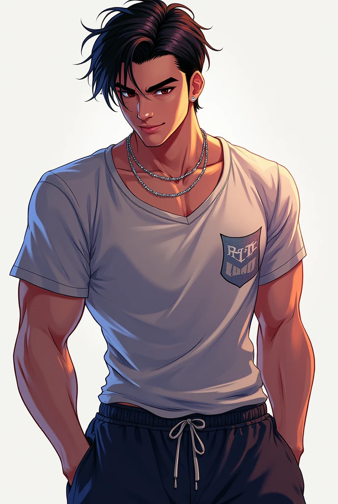 2d illustration of a young man with extreme short black hair, pronounced eyebrows, expressive brown eyes and a sincere and flirtatious smile. Dressed in a tight gym shirt and baggy sweatpants, with thin diamond chains around his neck