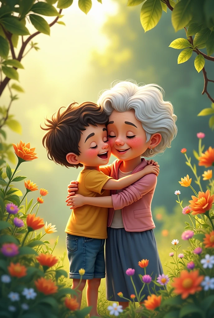 Young loving with his grandmother, together in a garden, grandmother and grandson love, 4K, illustration , trigger text in written Portuguese: I LOVE MY GRANDMA.