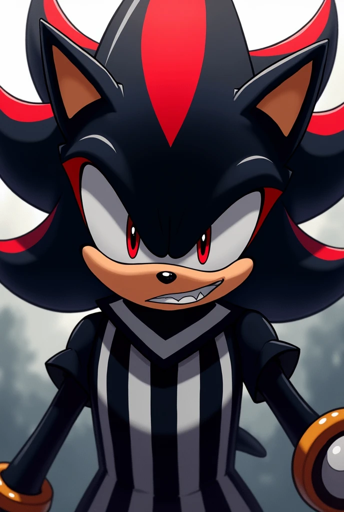 shadow the hedgehog with an evil face wearing a shirt with vertical black and white stripes in the Japanese anime style