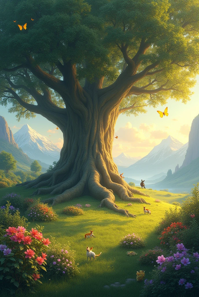 A scene of fantasy in a verdant field at dawn, where the soft mist mingles with the first rays of golden sunlight. En el centro de la imagen, a gigantic ancient tree with roots that spread across the ground, surrounded by colorful flowers that seem to glow with a light of their own. Around the tree, there are luminous butterflies and enchanted little animals, like foxes and rabbits, that peacefully watch the sunrise. over the horizon, majestic mountains rise, covered in snow and bathed in a soft, magical light. The image evokes a sense of peace, hope, and the timeless beauty of nature, transporting the viewer to a place of dreams and tranquility, High resolution image, realistic and illusory