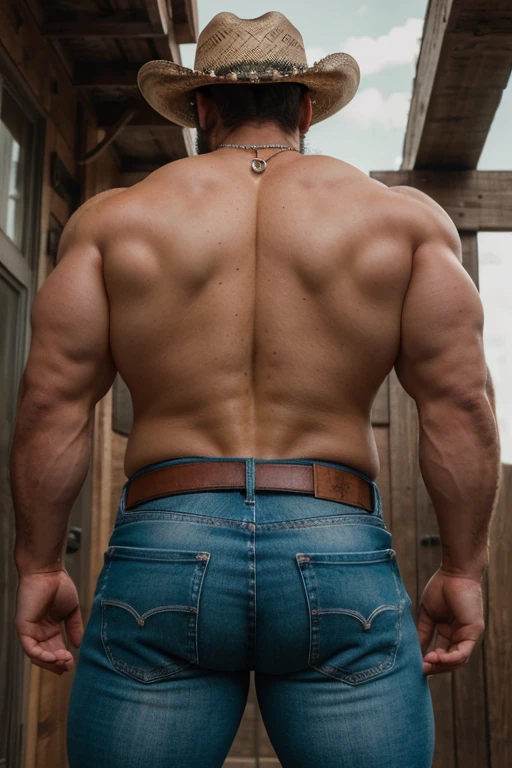 (((HdR))) ((( backside, ))) handsome turco man burly bodybuilder big butts close up in tight studded jeans, strong muscular legs , with a green plaid shirt and cowboy hat, Ultra realistic masterpiece high detail 8k large belt buckle , Profile con joyería de oro y brazaletes fondo de estudio con bigote , smiling chain necklace chubby, Bear, (Profile), (25 years ) perfect eyes and hands ((( perfect face))) hairy chest, in the rodeo