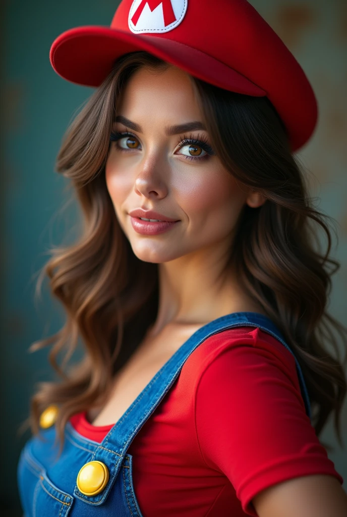 1girl, beautiful detailed eyes, beautiful detailed lips, extremely detailed face and features, long eyelashes, super realistic, super mario cosplay, beautiful woman, highly detailed, intricate details, cinematic lighting, masterpiece, hyperrealistic, 8k, photorealistic, sharp focus, studio lighting, professional portrait, vivid colors, dynamic pose, confident expression