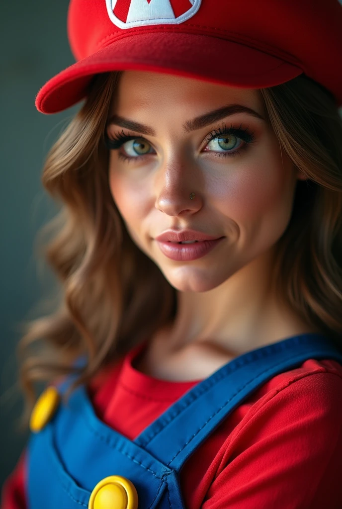 1girl, beautiful detailed eyes, beautiful detailed lips, extremely detailed face and features, long eyelashes, super realistic, super mario cosplay, beautiful woman, highly detailed, intricate details, cinematic lighting, masterpiece, hyperrealistic, 8k, photorealistic, sharp focus, studio lighting, professional portrait, vivid colors, dynamic pose, confident expression