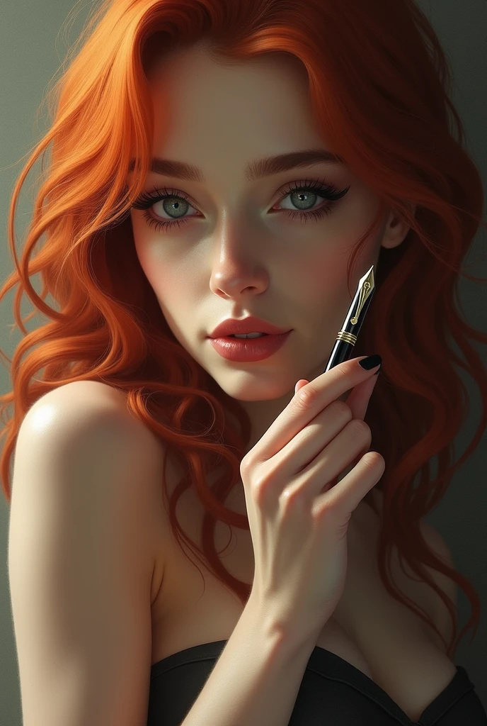 A red-haired woman with a fountain pen
