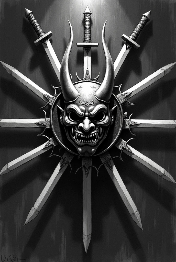 Drawing of a circle of swords with an oni mask in its center 