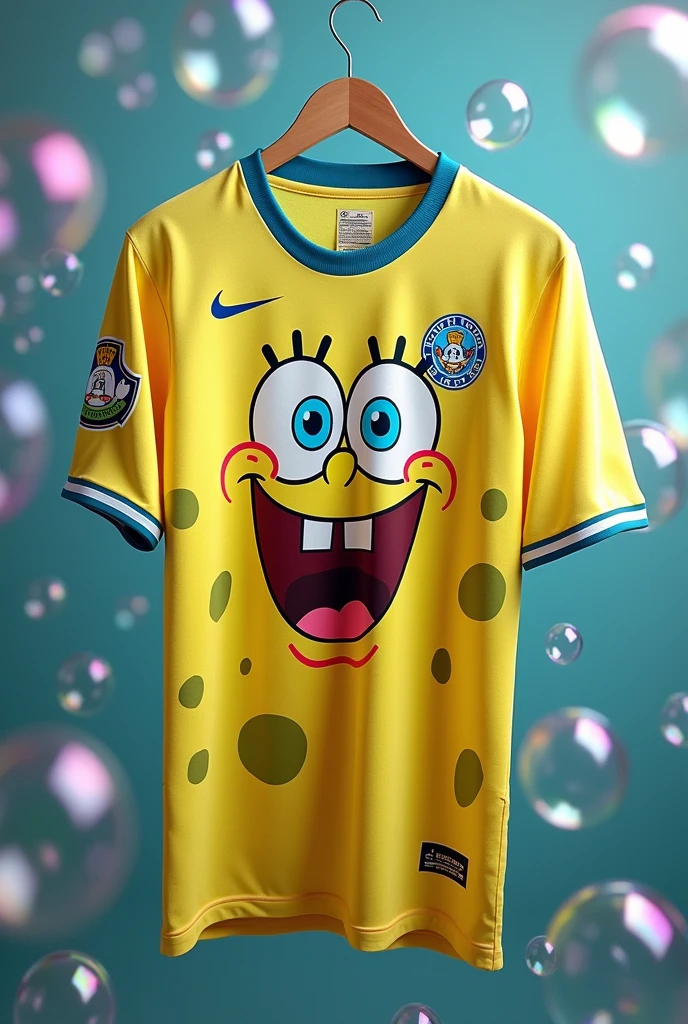 football shirt printed with the Sponge Bob television cartoon, on the left side the nike symbol, hanging on a hanger and various details of soap bubbles