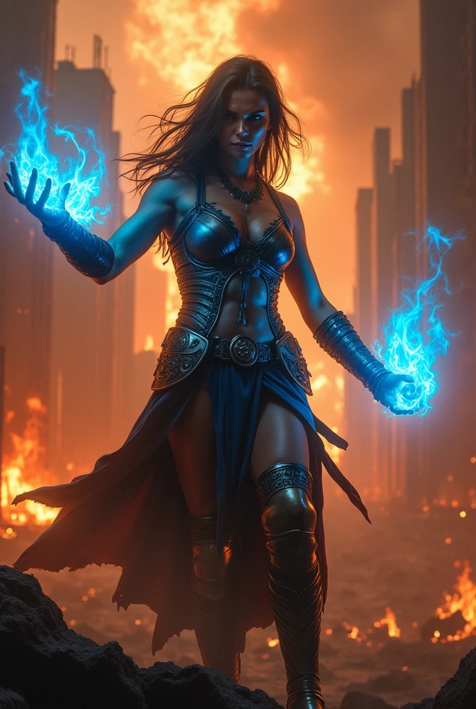 new york city destroyed by fire and a woman with blue fire in her hand and warrior clothing appearing from the waist up