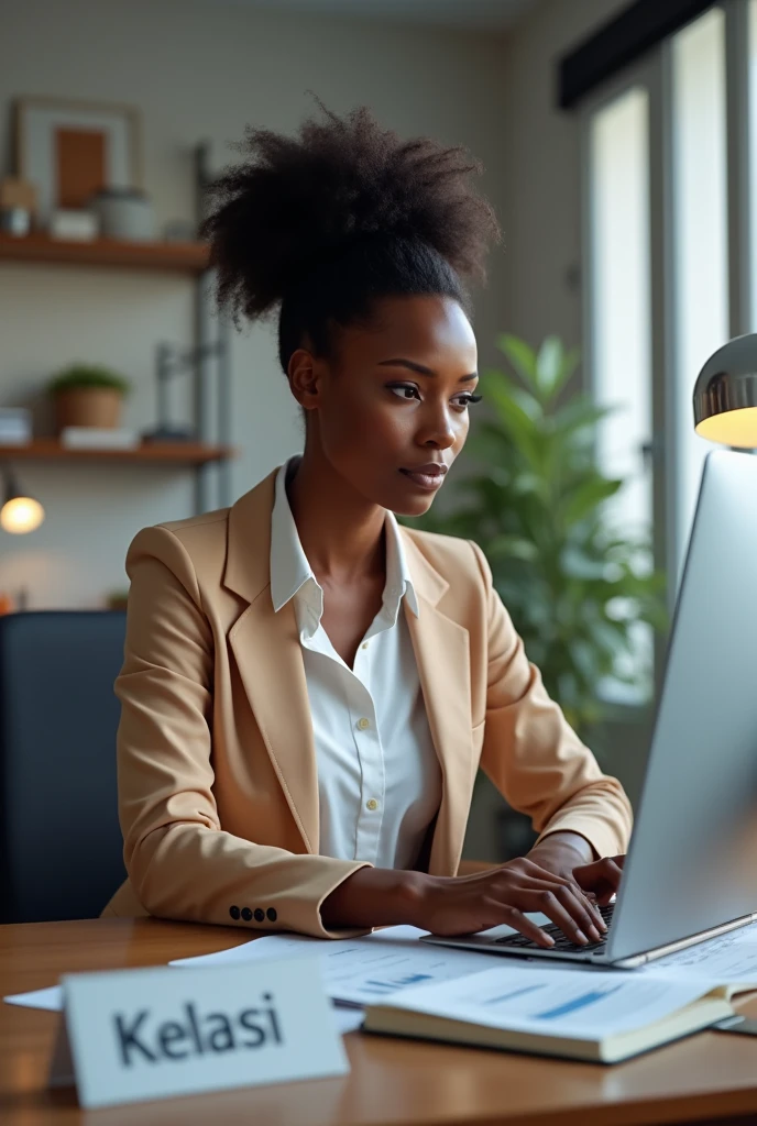 Une comptable Africaine dans son bureau et derrière un écran avec le mot Kelasi