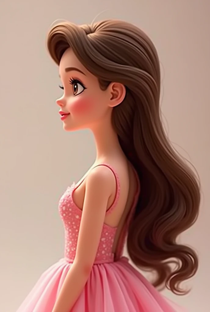 Animated Disney girl doll with long wavy brown hair, profile view, wearing a pink dress with a back