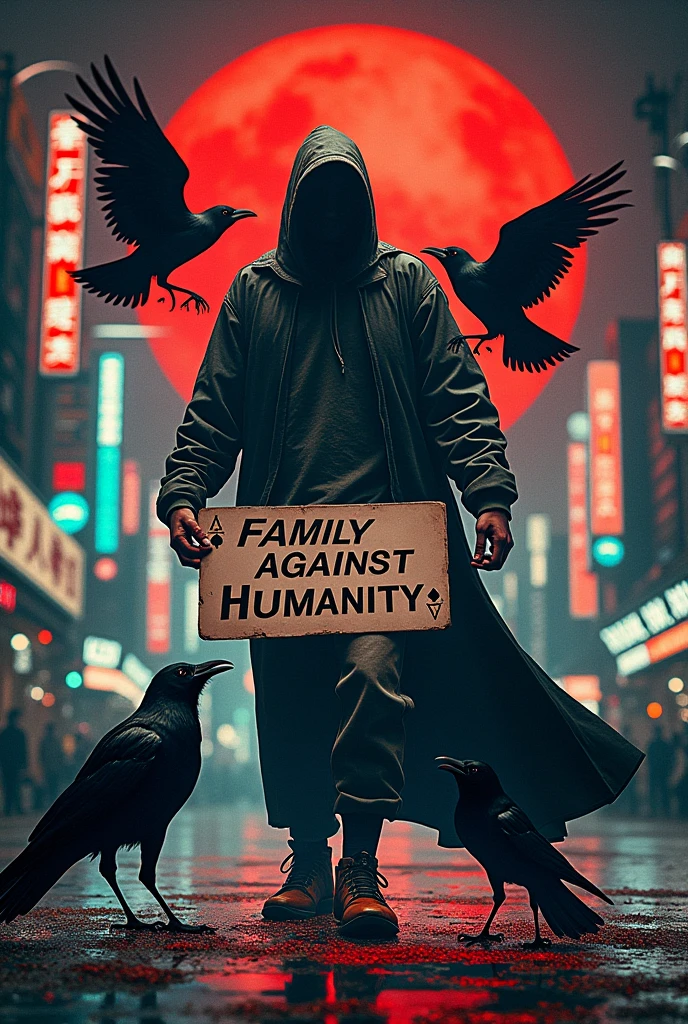 I need a poster with fusion of elements like: a deck of cards, city pop japanese style background, with crows and in the middle the phrase "Family Against Humanity" 