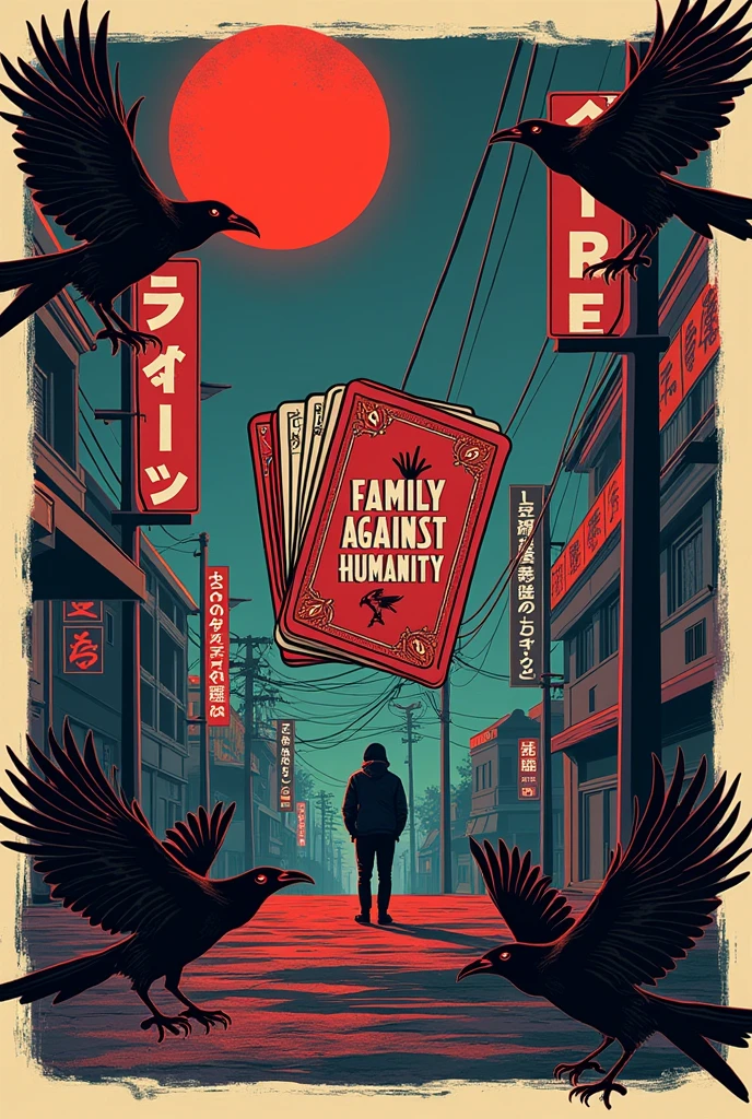 I need a poster with fusion of elements like: a deck of cards, city pop japanese style background, with crows and in the middle the phrase "Family Against Humanity" 