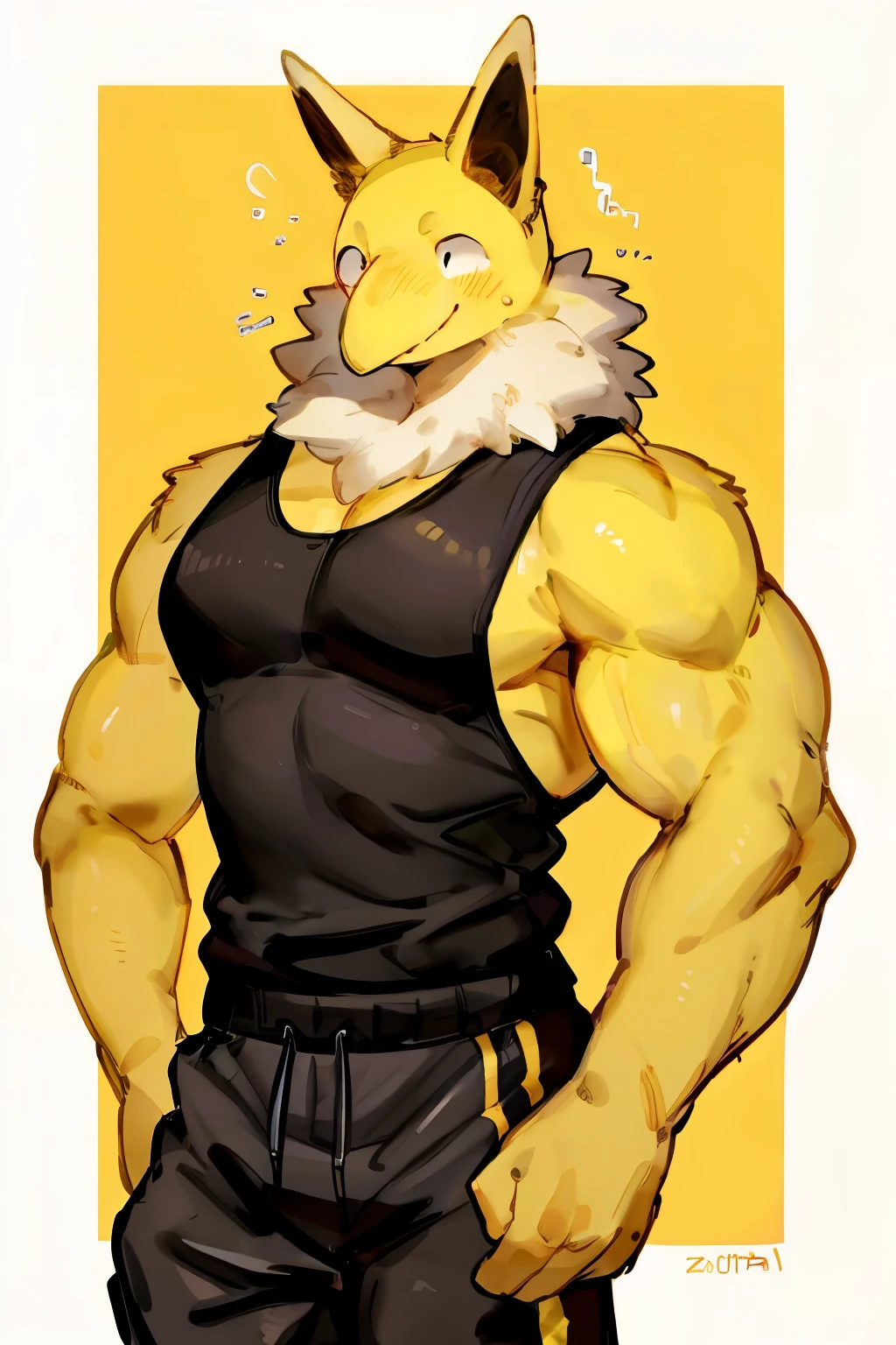 Furry, Anthro, solo, Hypno, Male, (((muscular body, massive male pectorals, yellow-gold skin, fluffy neck, wearing white fur around neck))), ((((massive biceps, wide-eyed, head tilted, jojo pose)))), ((((((massive bulky torso, happy, wearing black full male tanktop, wearing black sweatpants)))))), upper body, black/yellow spraypainted background, by buta99, by zackary911, by bebebebebe, (((digital painting)))