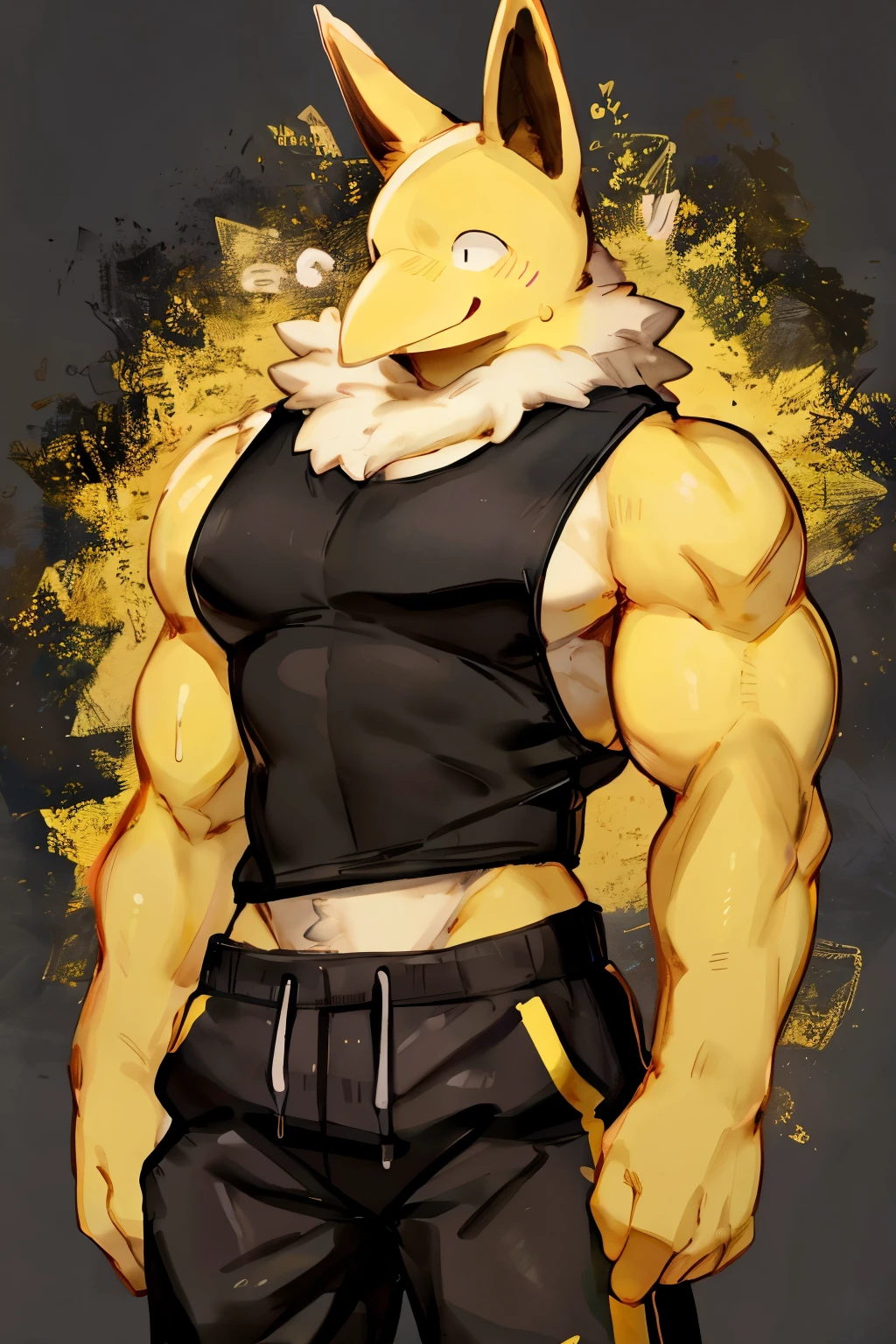 Furry, Anthro, solo, Hypno, Male, (((muscular body, massive male pectorals, yellow-gold skin, fluffy neck, wearing white fur around neck))), ((((massive biceps, wide-eyed, head tilted, jojo pose)))), ((((((massive bulky torso, happy, wearing black full male tanktop, wearing black sweatpants)))))), upper body, black/yellow spraypainted background, by buta99, by zackary911, by bebebebebe, (((digital painting)))