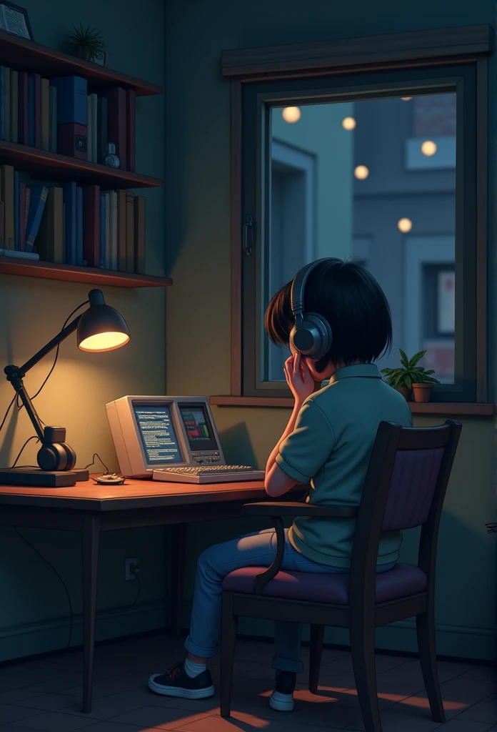 night、Listen to music in a cozy room, Using headphones, 2D-style animation, Lo-Fi, hard disk, Dark Environment