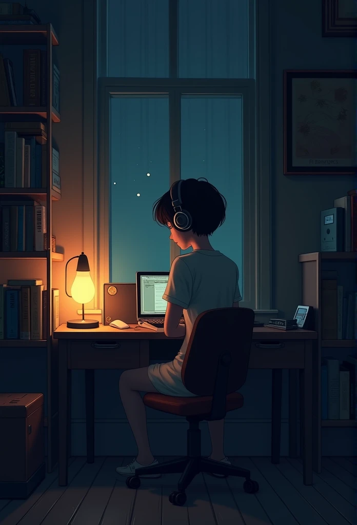 night、Listen to music in a cozy room, Using headphones, 2D-style animation, Lo-Fi, hard disk, Dark Environment