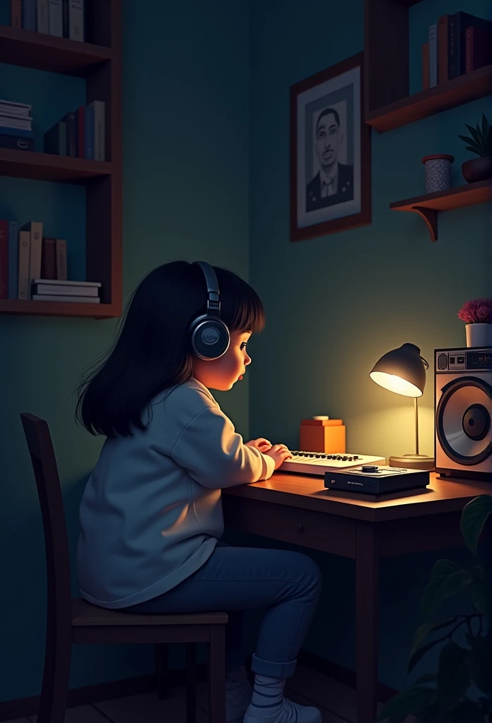 night、Listen to music in a cozy room, Using headphones, 2D-style animation, Lo-Fi, hard disk, Dark Environment