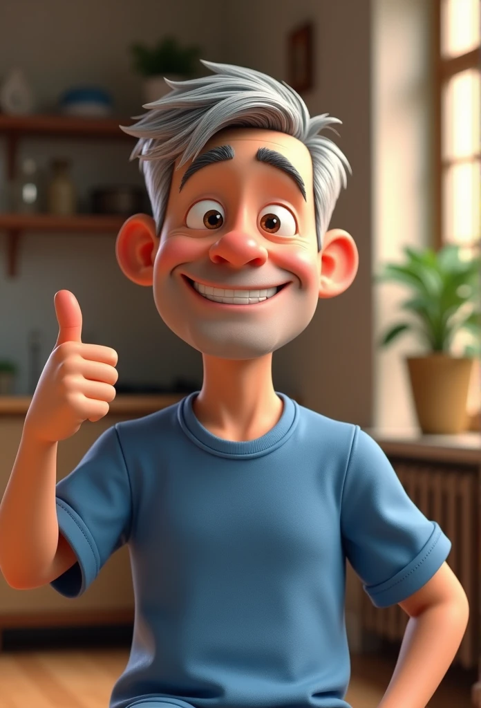 Cartoon character of a man with gray hair with blue shirt, an animated character, Stylized character, animation style rendering, stylized 3D, Arnold Maya rendering, Stylized 3D rendering, toon rendering screenshot, 3D Character, 3D Character, Stylized 3D Rendering, 3D Character Rendering, Cartoon Character, Closeup Character, Character Pose, (Pixar Style) (Master Part:1.2) (Bokeh) (Best Quality) (Detailed Skin) (Detailed Texture ) (8K) (clay) (cinematic lighting) (sharp focus,Sits and lifts his upper body, he is giving the thumbs up sign with the hand where his thumb is pointing up