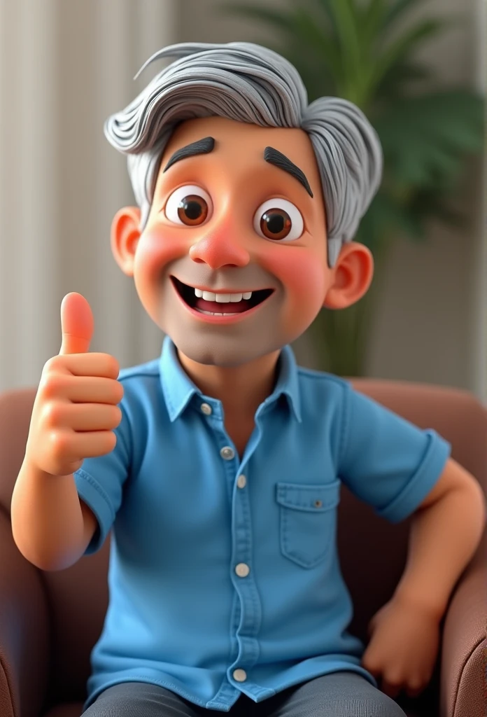 Cartoon character of a man with gray hair with blue shirt, an animated character, Stylized character, animation style rendering, stylized 3D, Arnold Maya rendering, Stylized 3D rendering, toon rendering screenshot, 3D Character, 3D Character, Stylized 3D Rendering, 3D Character Rendering, Cartoon Character, Closeup Character, Character Pose, (Pixar Style) (Master Part:1.2) (Bokeh) (Best Quality) (Detailed Skin) (Detailed Texture ) (8K) (clay) (cinematic lighting) (sharp focus，Sits and lifts his upper body, he is giving the thumbs up sign with the hand where his thumb is pointing up